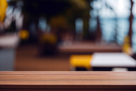 Wooden table top on blur background of restaurant with bokeh image.の素材