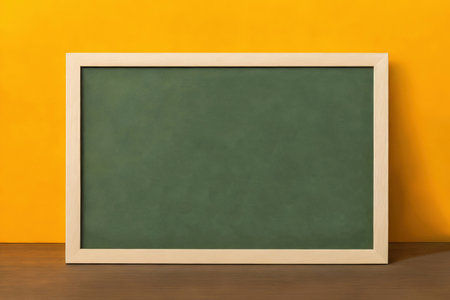 Blank green chalkboard on wooden table with yellow wall background.の素材