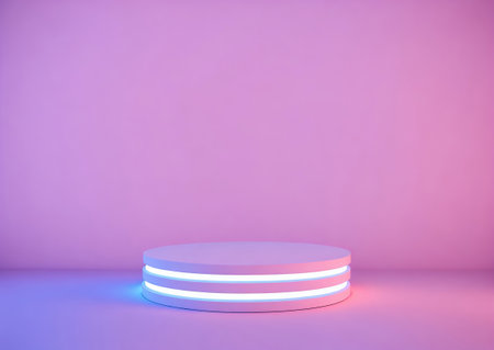 Purple podium neon lights and minimal wall screen pink background. Blank showcase mockup with empty round stage. Stage for advertising product display with copy space.の素材