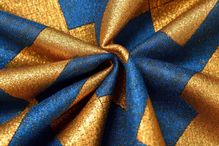 Thick cotton fabric with square print on blue and yellow with folds. High quality photoの素材