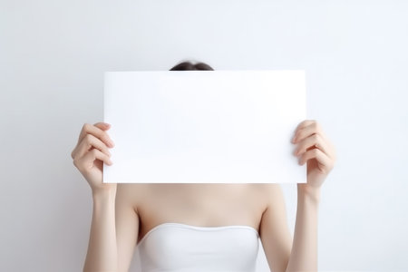 Close Up of woman hand holding blank paper isolated on white background. High quality photoの写真素材