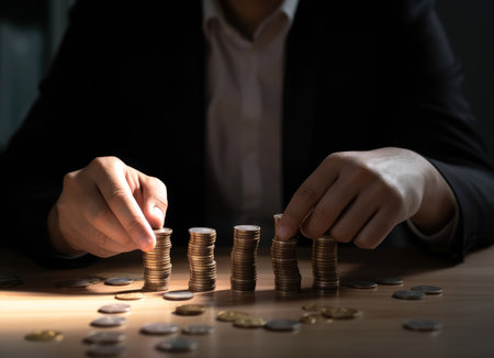 Businessman putting coin to money, Saving money for prepare in the future. High quality photoの写真素材