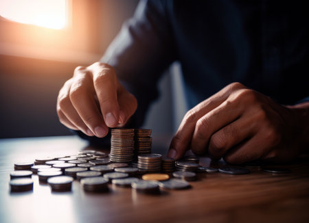Man hand putting coin to money stack, business and financial concept. High quality photoの写真素材