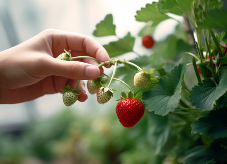 Close-up of female hand picking fresh strawberries from strawberry tree in greenhouse. High quality photoの写真素材