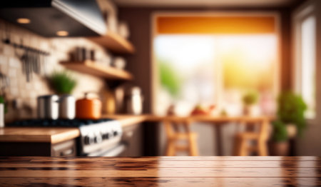 Brown wooden table with free space for your decoration and blurred background of kitchen interior.の写真素材