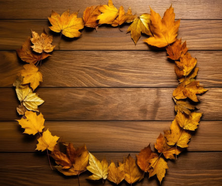 Autumn leaves circle on wooden background with copy space for your text.の素材
