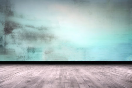 Empty room with grunge light green wall background and wooden floor.の素材