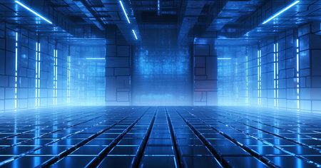Background of an empty room with blue neon light. Abstract technology background with lines and glow.の素材