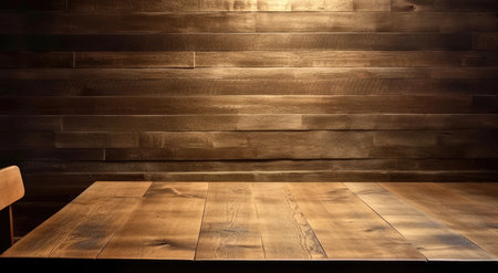 Empty wooden table and chair in front of a dark wooden wall background. High quality photoの素材