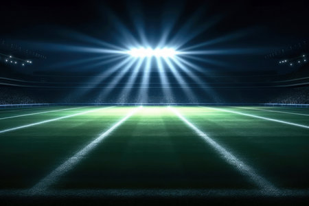 Empty grass field scene background with spotlights light. Night view of stadium light reflected on grassの素材