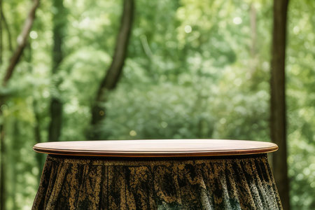 Empty round wooden table with forest background. For product display. High quality photoの素材