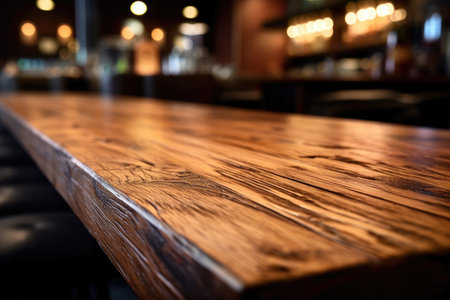 Empty wooden table and blurred background of bar or pub. High quality photoの素材
