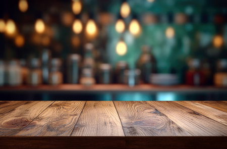 Empty wooden table and blurred background of bar or pub. For product displayの素材