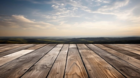 Wooden floor against view of a desert landscape under a cloudy sky. High quality photoの素材