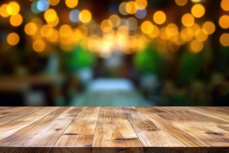 Empty brown wooden table and Coffee shop blur background with bokeh image. High quality photoの素材