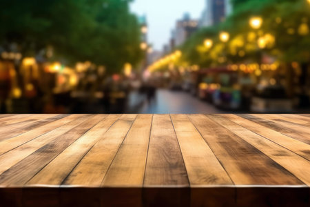 Empty wooden table and bokeh food court background. Perspective brown wood over food court blur background with bokeh image.の素材