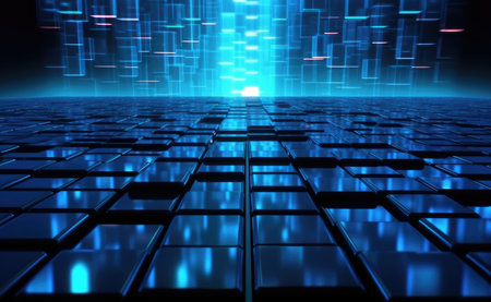 background abstract blue technology box floor cyberspace with glowing cubes and neon lights. High quality illustrationの素材