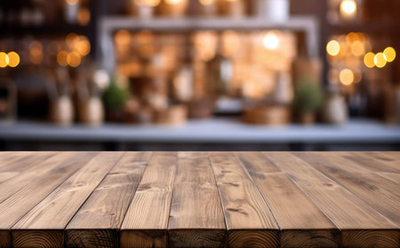Empty wooden table for product placement or montage with kitchen bokeh background. High quality photoの素材