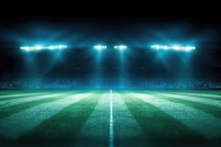 Spotlights grass field soccer stadium at the night. High quality photoの素材