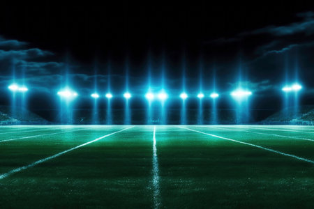 Night football arena in lights with a ball close up. High quality photoの素材