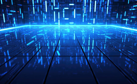 Abstract technology background with blue glowing neon light lines and tile. High quality illustrationの素材