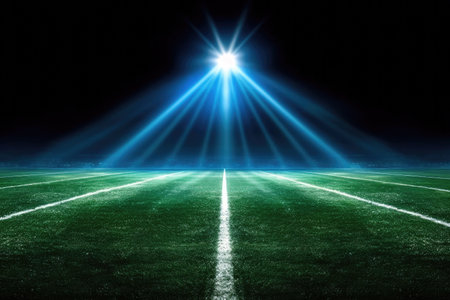 Grass field football with lights and spotlights at night view. High quality photoの素材