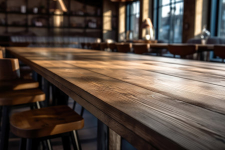 Empty wooden countertop table and chairs in coffee shop or restaurant background. High quality photoの素材