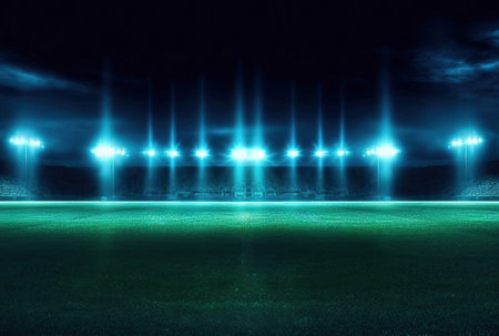 Spotlights at night and green field stadium empty. High quality illustrationの素材