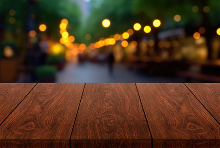 Empty wooden table and bokeh lights of park blurred background. For product display. High quality photoの素材