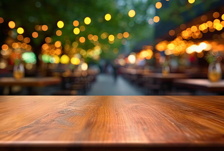 Empty wooden table and abstract blurred background of coffee shop or restaurant outdoor. High quality photoの素材