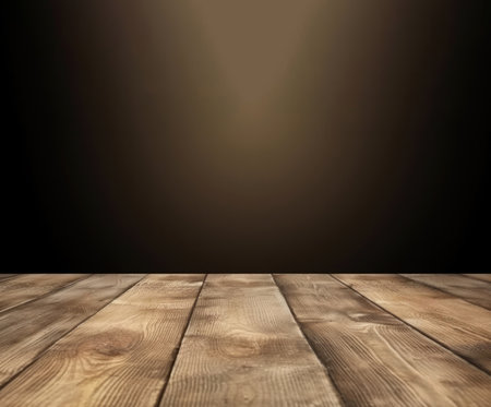 Wooden table with spotlights on dark background. For product display. High quality photoの素材