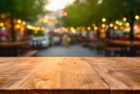 Empty wooden table and abstract bokeh light of blurred food market outdoor background. For product display. High quality photoの素材