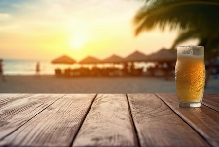 Beer glass on wooden table with blur beach background at sunset. Summer vacation concept. High quality photoの素材