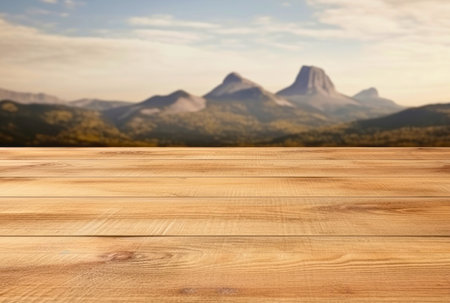 Wooden table top on blurred mountain background. Ready for product display montage. High quality photoの素材