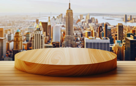 Wooden round podium on wooden table and city skylines background. High quality photoの素材