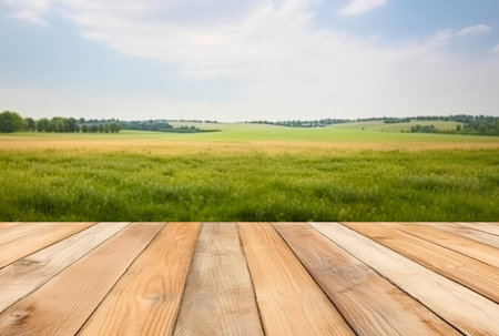 Empty wooden table and grass field background. Ready for product display montage. High quality photoの素材