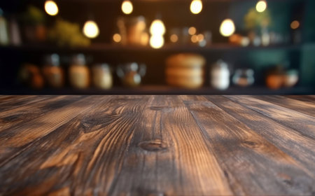 Empty wooden table with bokeh light counter blur kitchen background. High quality photoの素材