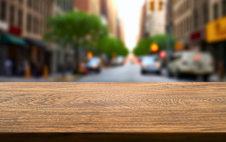 Empty wooden table with blurred street city view background. High quality photoの素材