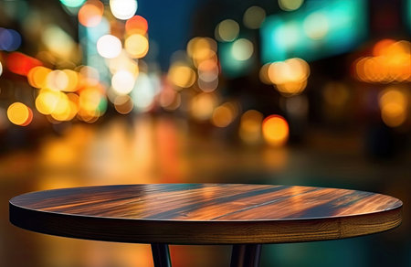 Empty wood table top circle and blur bokeh light street view background, product display montage. High quality photoの素材