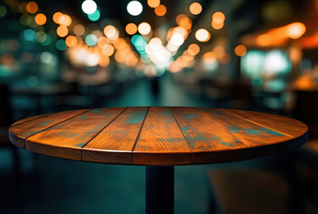 Empty round wooden table and Coffee shop blur with bokeh light background. High quality photoの素材