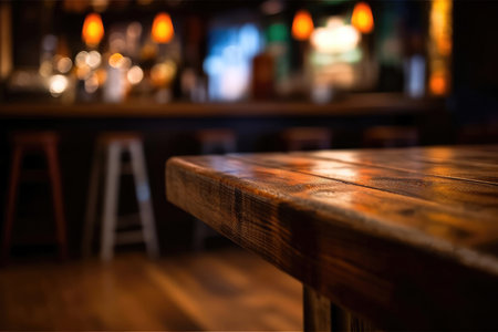 Empty wooden table in front of abstract blurred background of bar or pub. High quality photoの素材