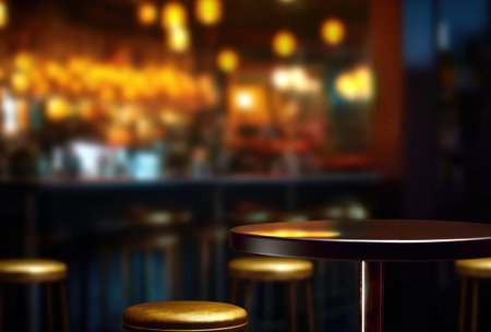 Empty top of round wooden table in front of abstract blurred background of bar or pub. High quality photoの素材