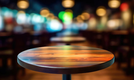 Empty wood table top of round on blur restaurant background, product display montageの素材
