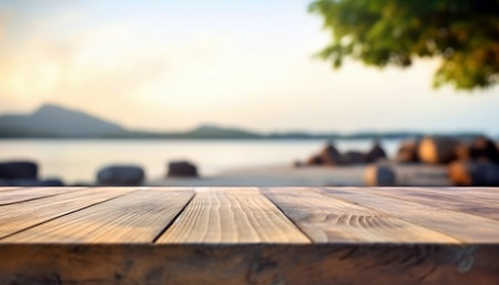 Wooden table top on blur beach background. High quality photoの素材