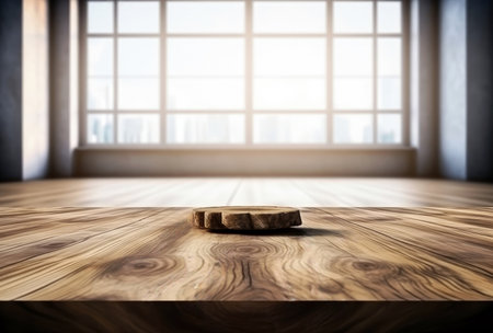 Wooden table in empty room with city view from window. High quality photoの素材