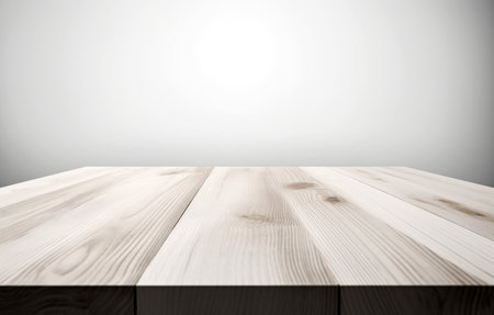 Empty wooden white table with white wall background, product display montage. High quality photoの素材