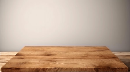 Empty wooden table in front of grey wall background on the wooden floor. High quality photoの素材