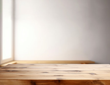 Empty wooden table in front of a blurred white wall background. For product display. High quality photoの素材