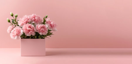 Bouquet of pink carnations in a pink box on a pink background. High quality photoの素材