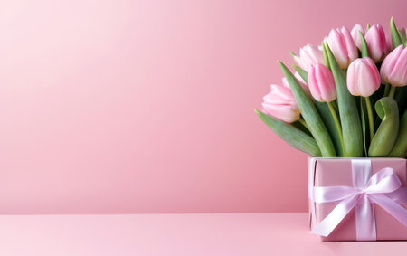 Bouquet of pink tulips and gift box on pink background. High quality photoの素材